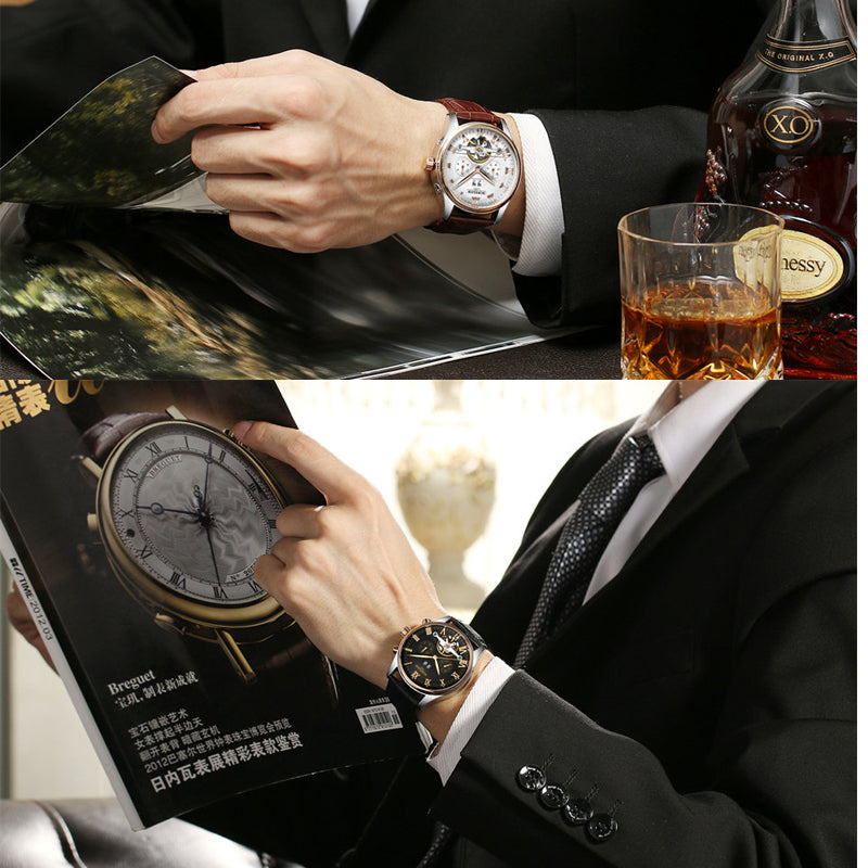 KINYUED Skeleton Tourbillon Mechanical Watch Men Automatic Classic Rose Gold Leather Mechanical Wrist Watches Reloj Hombre 2019