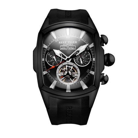 Reef  Tiger/RT Designer Sport Watches Tourbillon Blue Dial Analog Display Watches Rubber Strap Luminous Watch for Men RGA3069
