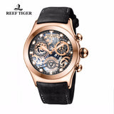 Reef Tiger/RT Mens Sport Watches Brown Leather Strap Skeleton Quartz Watches Chronograph Stop Watches RGA792
