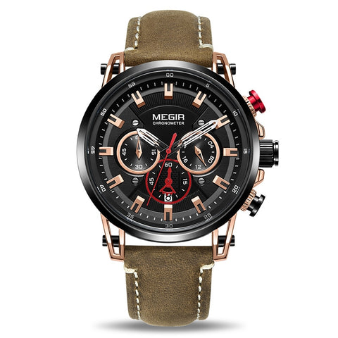 Megir Men's Watch Chronograph Quartz Watches Man Leather Strap Clock  WaterproofSport Army Date Wristwatch Relogios Masculino