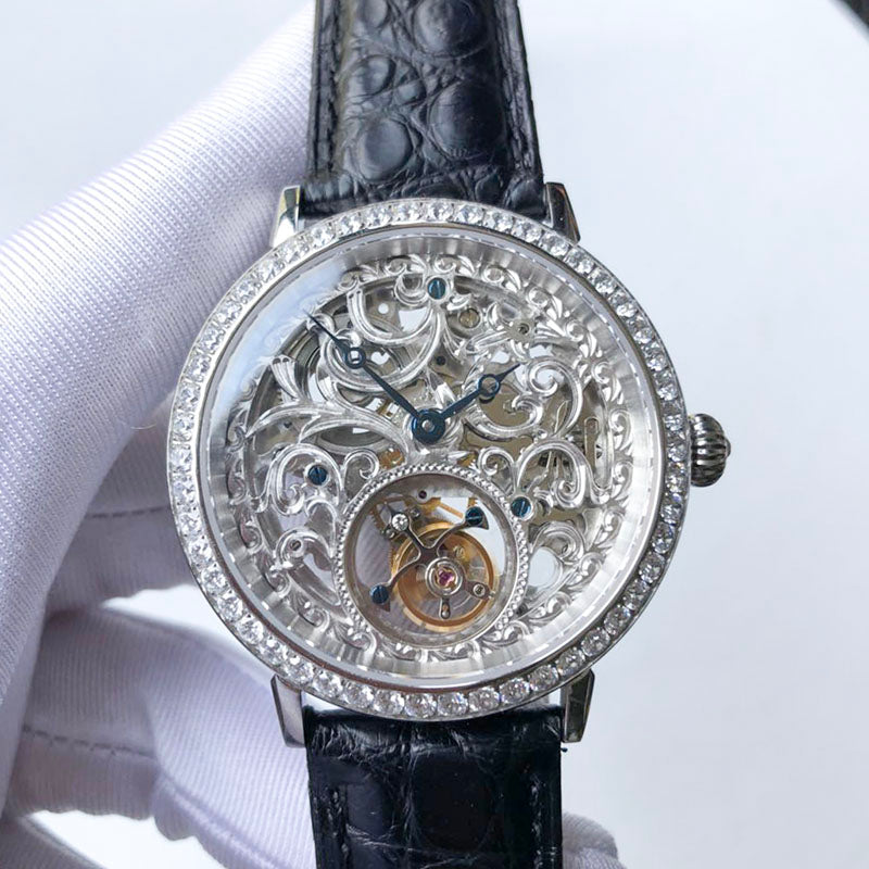 High-end Luxury Skeleton Men's Tourbillon Watch Hollow Diamond Hand-Winding Men Mechanical Watches 50m Waterproof Montre homme (Silver)