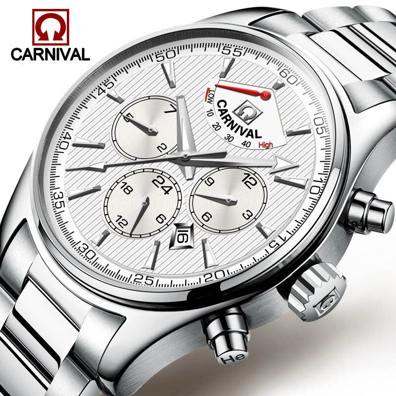 Carnival Luxury Brand Men Watches Vintage Automatic Mechanical Watch Calendar clock Military WristWatches leather Strap Relogio